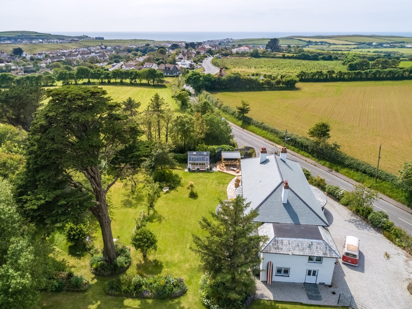 Aerial view of a Poochouse holiday cottage property in the Devon countryside